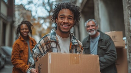 african american freshman student moving to the dorm with family support, as parents help with crates, representing the excitement and teamwork of the college transition