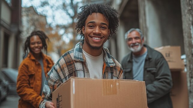 african american freshman student moving to the dorm with family support, as parents help with crates, representing the excitement and teamwork of the college transition
