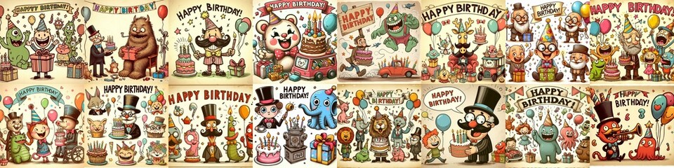Naklejka premium Vintage cartoon Happy Birthday. AI generated illustration