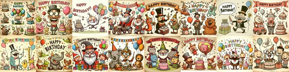 Fototapeta premium Vintage cartoon Happy Birthday. AI generated illustration