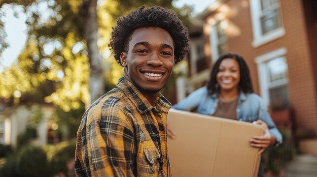 african american freshman student moving to the dorm with family support, as parents help with crates, representing the excitement and teamwork of the college transition