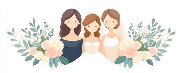 art of bride and her sisters on white background