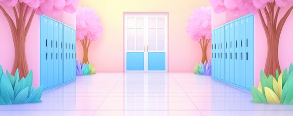 Obraz premium Bright colorful art of school corridor with lockers