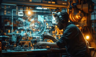 Expert engineer operating advanced machinery with sparks flying during metalwork.