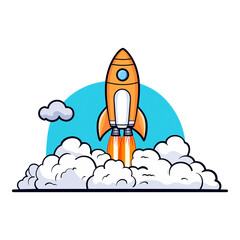 Obraz premium Illustration of an Orange Rocket Launching with Clouds and Flames, Cartoon Style. Transparent background. 