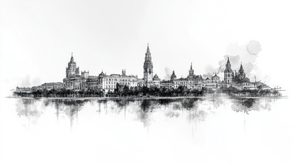 Fototapeta premium Seville, Spain, black and white pen pencil hand-drawn effect drawing illustration for travel poster, card, wallpaper, backdrop or banner. Modern, clear, artistic and simple