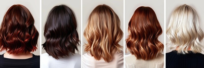 Fototapeta premium Hair of different shades of brunette, blonde, chestnut and red. Woman collage back view of short hair haircut hairstyles