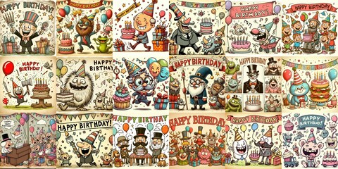 Naklejka premium Vintage cartoon Happy Birthday. AI generated illustration