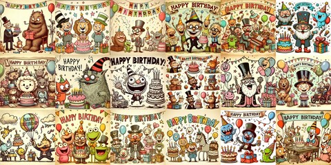 Obraz premium Vintage cartoon Happy Birthday. AI generated illustration