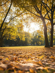 Sunlit autumn park with fallen leaves and empty benches