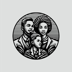 African happy family illustration. Silhouette of a happy family. vintage style vector logo.,  happy parenting logo. 
