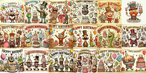 Naklejka premium Vintage cartoon Happy Birthday. AI generated illustration