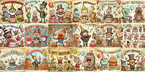 Fototapeta premium Vintage cartoon Happy Birthday. AI generated illustration