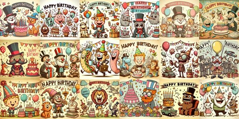 Vintage cartoon Happy Birthday. AI generated illustration