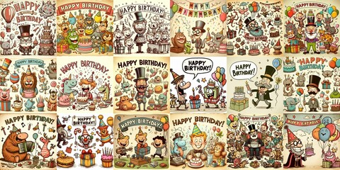 Fototapeta premium Vintage cartoon Happy Birthday. AI generated illustration