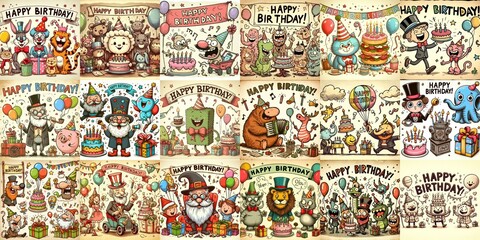 Obraz premium Vintage cartoon Happy Birthday. AI generated illustration