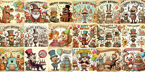 Fototapeta premium Vintage cartoon Happy Birthday. AI generated illustration