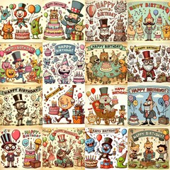 Vintage cartoon Happy Birthday. AI generated illustration