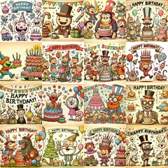 Naklejka premium Vintage cartoon Happy Birthday. AI generated illustration