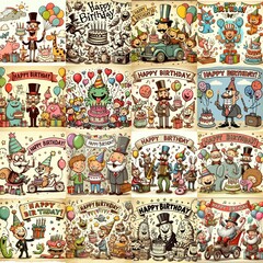 Obraz premium Vintage cartoon Happy Birthday. AI generated illustration