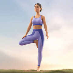 Girl dressed in suit doing morning yoga.