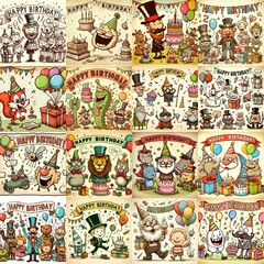 Fototapeta premium Vintage cartoon Happy Birthday. AI generated illustration