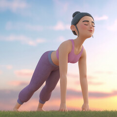 Girl dressed in pans and top doing morning yoga.