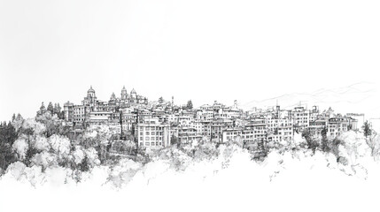 Obraz premium Shimla, India, black and white pen pencil hand-drawn effect drawing illustration for travel poster, card, wallpaper, backdrop or banner. Modern, clear, artistic and simple