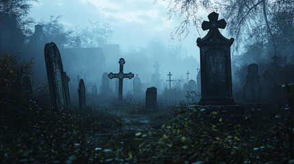 Fog rolling through an overgrown graveyard with eerie lighting