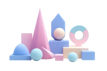 Minimalist 3D rendering of abstract geometric shapes in pastel colors ,Isolated on transparent...