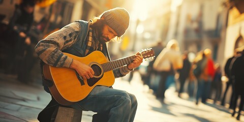 Fototapeta premium Street musician playing guitar under the warm sunlight, performing in a lively urban environment, people walking by, authentic emotions of passion, selective focus, copy space