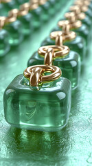 Delicate green glass blocks linked by golden rings on a textured surface