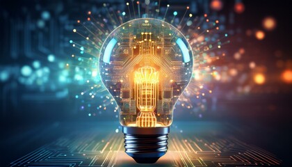 Illustration of a glowing lightbulb symbolizing creativity and innovation, surrounded by an explosion of colors, dynamic particles, and abstract shapes. Generative AI