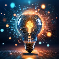 Illustration of a glowing lightbulb symbolizing creativity and innovation, surrounded by an explosion of colors, dynamic particles, and abstract shapes. Generative AI