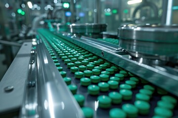 Obraz premium Green capsule medicine pill production line Industrial pharmaceutical concept