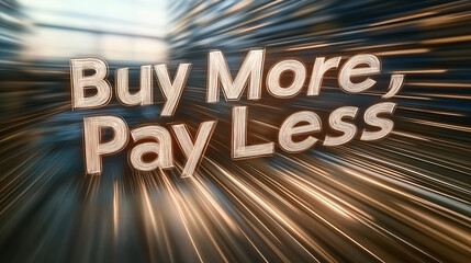 "Buy More, Pay Less" text with motion blur effects on a dynamic light background. Concept for sales and promotions, including Black Friday and Cyber Monday, with an energetic style and copy space