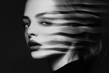 Obraz premium A woman's face is blurred into a series of lines. The image is black and white and has a moody, artistic feel to it