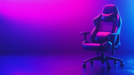 A black leather gaming chair with a headrest pillow, set against a vibrant blue and pink gradient background.