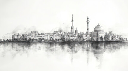 Fototapeta premium Sohar, Oman, black and white pen pencil hand-drawn effect drawing illustration for travel poster, card, wallpaper, backdrop or banner. Modern, clear, artistic and simple