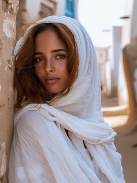 A powerful image capturing a Libyan woman with chestnut hair, gazing confidently into the lens while surrounded by the historic architecture of the old city of Ghadames.