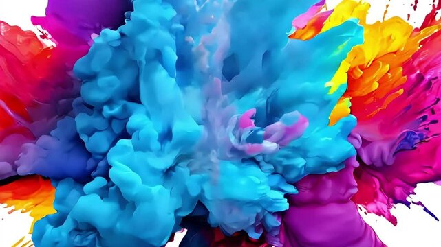 Video of vivid multicolored ink splashes in abstract forms on a white background. Concept of creativity and artistic expression