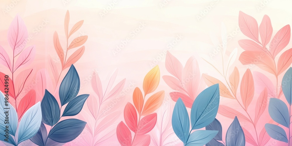 Wall mural abstract painting of leaves in pink, blue color