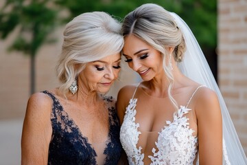 Naklejka premium A bride standing with her mother, sharing a loving embrace before walking down the aisle