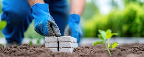 Fototapeta premium Paving bricks are laid by the builder on top of the sand foundation.