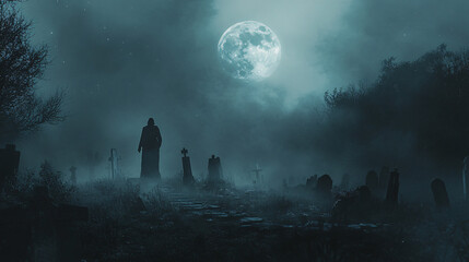 Dark figure walking through a fog-filled graveyard under the moon