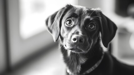 A playful Goberian dog with a shiny coat, sitting on a , looking curiously at the camera