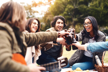 Park, smile and friends with beer for toast, celebration and bonding together in social gathering. Group, happy people and bottles with alcohol for achievement, reunion and cheers in outdoor picnic