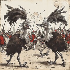 A satirical political cartoon-style image featuring emus armed with feathered quills and ink bottles, facing off against soldiers armed with pens in a war of words.