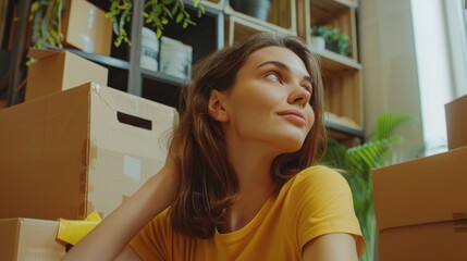 Beautiful girl is thinking how to arrange all her things in the new apartment. Young woman is smiling and looks happy. Concept of moving.