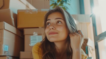 Beautiful girl is thinking how to arrange all her things in the new apartment. Young woman is smiling and looks happy. Concept of moving.